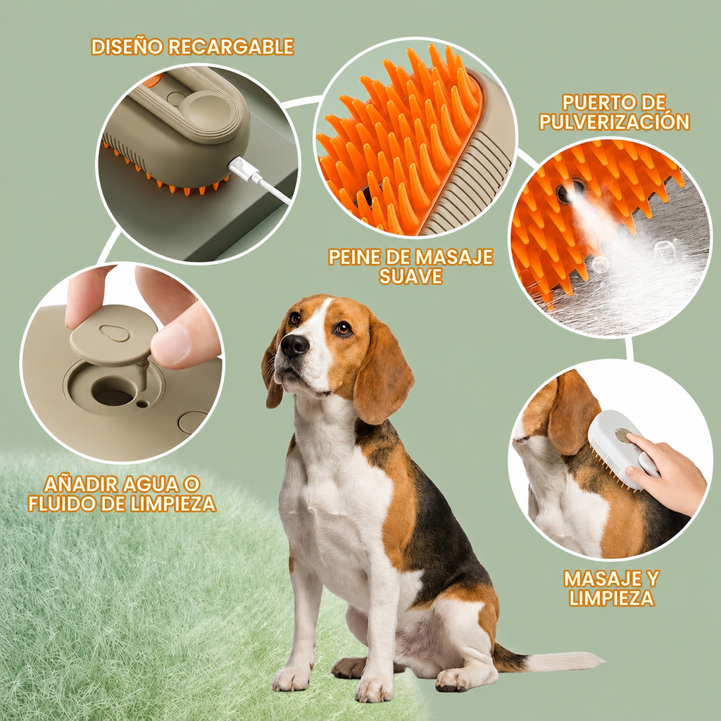 PeluPet ™ Cepillo Automático a Vapor 3 En 1