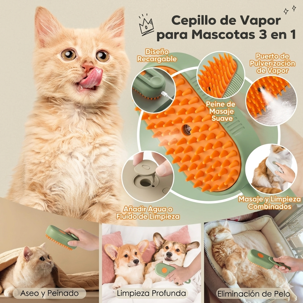 PeluPet ™ Cepillo Automático a Vapor 3 En 1